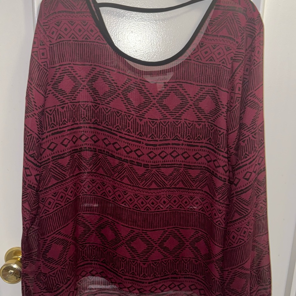 Charming Charlie SHEER Patterned Wine / Cranberry Long Sleeve Blouse See Through